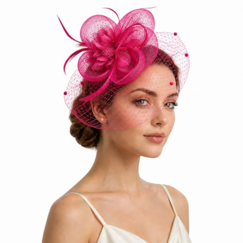 GEEKPC Navy Blue Fascinator Hat with Floral Feathers and Veil - Lightweight Headpiece with Birdcage Veil, Beaded Tulle, Dual-Wear Clip Headband for Women, for Weddings, Race Days
