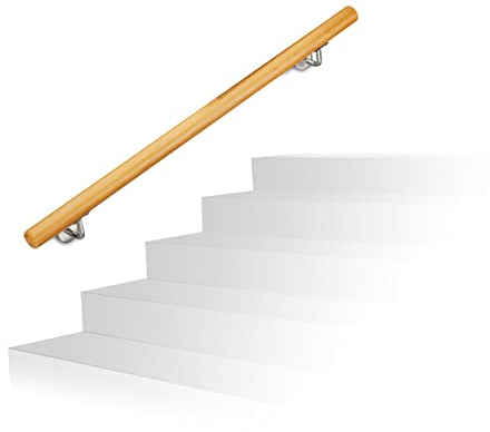 Relaxdays Rústica Pasamanos Escalera Rústica con Soportes, Madera de Haya, Natural, 100 cm, Acero Inoxidable
