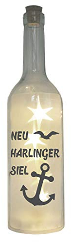 WB wohn trends LED-Flasche mit Motiv, Neuharlingersiel mit Anker Möwe, Grau, 29cm, Glitzer-Flasche Leuchtflasche Lampe mit Text Spruch