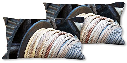 Glücksvilla - Künstler-Foto-Kissen-Hüllen - Kissen-Bezüge Set (2 STK.) 80 x 40 cm, Zierkissen - Deko-Kissen. Motiv: Seilwinde - Seil Winde Technik Maschine Moderne Fotografie