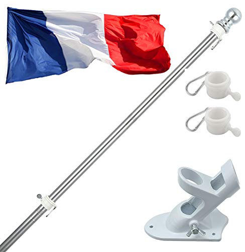 HORSE SECRET Kit de Mât de Drapeau en Aluminium 150cm, avec Support Mât de Drapeau en Acier Inoxydable à Fixe au Mur avec Anneaux Rotatifs, Comprend Drapeau France
