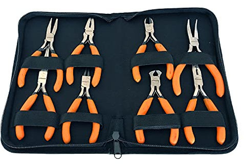 8 Piece Mini Precision CRV Pliers Set with Zipped Storage Case | Combination, Long Nose, Bent, Flat, Round, Side Cutting and End Cutting Pliers