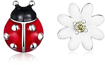 Qings 925 Sterling Silber Damen Ohrring Ohrstecker Marienkäfer GänseblüMchen Asymmetrisch Blumen Tierblumen Sommer Rot WeißEr Blume Exquisite Ohrstecker rFrauen Tochter