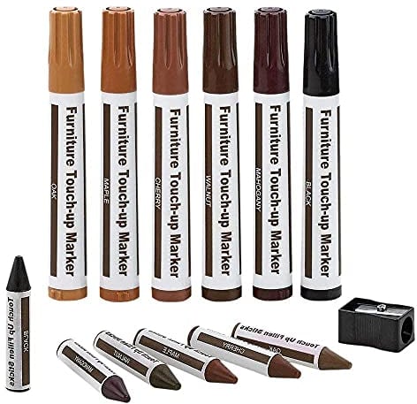 Furniture Repair kit Wood Markers -Set of 13 – 6 Markers,6 Wax Sticks and 1 Sharpener, for Scratches, Stains, Tables, Wood Floors, Desks, Bedposts, Touch Ups, and Cover Ups