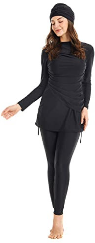 Odizli Muslim Swimsuits for Women Long Sleeve Burkini Full Cover Patchwork Conservative Modest Swimwear Bathing Suit Sport Top+Long Swim Pants+Hijab 3pcs Islamic Clothes Black M