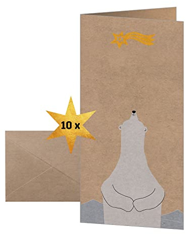 Sigel Weihnachtskarten aus Kraftpapier Eisbär Stern DIN lang 10 Stück | DS078, Nachhaltiges Papier mit Umschlägen und bedruckbarer Oberfläche