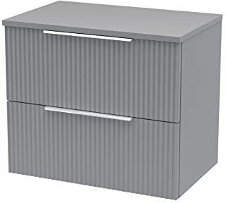 Hudson Reed DFF293W Fluted Modern Bathroom Wall Hung 2 Drawer Vanity Unit with Colour Match Worktop, 600mm, Satin Grey