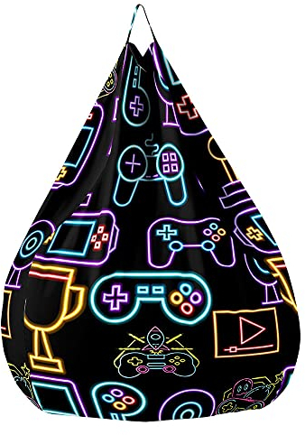 Treer Sitzsack ohne Füllung für Kinder & Erwachsene, 3D-Gamepad-Druck Lazy Bean Bag Sitzsäcke Sitzsackbezug, Spielzeug Aufbewahrung Sitzkissen mit Reißverschlus & Cord (Neonlichter,100x120cm)