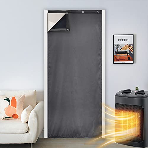Qelus Single Thermal Door Curtain, 39'' W x 83'' Drop Blackout Self-Adhesive Waterproof Windproof Energy Saving Noise Reduction Drape, Doorway Curtain, Grey