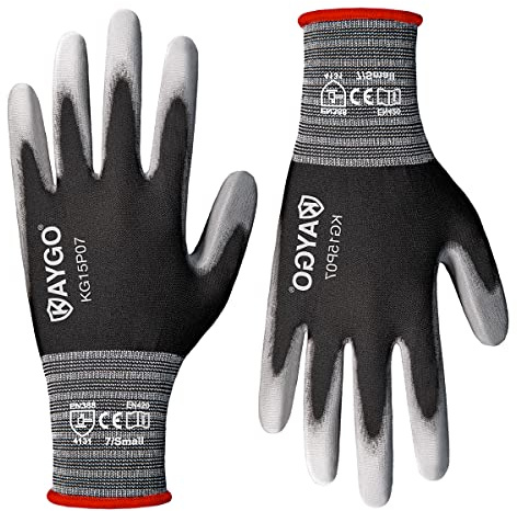 KAYGO Arbeitshandschuhe Dünn Tastsensibel, PU Beschichtung, 12 Paar, KG15PB | Atmungsaktiv Nylon Liner, Leicht, Flexibel, Sicherheitshandschuhe für Präzisionsarbeit, DIY, Lager (Schwarz, S, Gr 7)