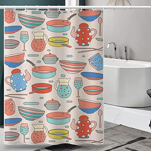 BCughia Rideau Douche Qui Colle Pas, Rideaux de Douche Pots et Casseroles Or Bleu Blanc Rideau Douche 60 W x 72 H(150x180cm) Rideau de Douche Decor