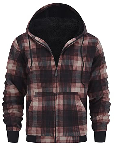 onedog Kariertes Fleecejacke Herren Hoodie kapuzenpullover für herren Full Zip Sherpa Fleece kapuzenjacke herren winterjacke Fleece Jacke outdoor Freizeitjacke für doppelte Wärmeschicht(Braun-2XL)