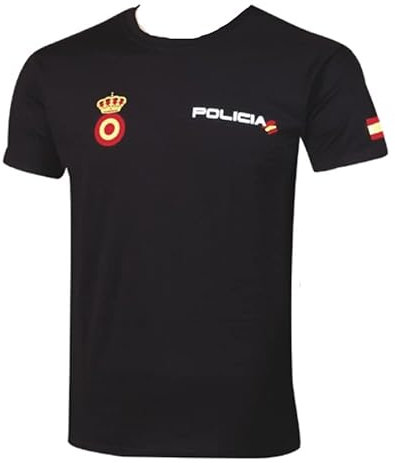 Camiseta Policía Nacional | Ropa Color Negro Manga Corta Hombre opositor Escudo y Bandera de España (M)