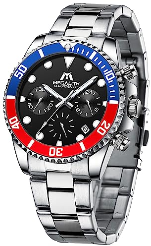 MEGALITH Herrenuhr 40mm Chronograph Quarz Armbanduhr Herren Edelstahl Wasserdicht Uhren Leuchtende Datum, Mode Geschenk für Männer - Silber Schwarz