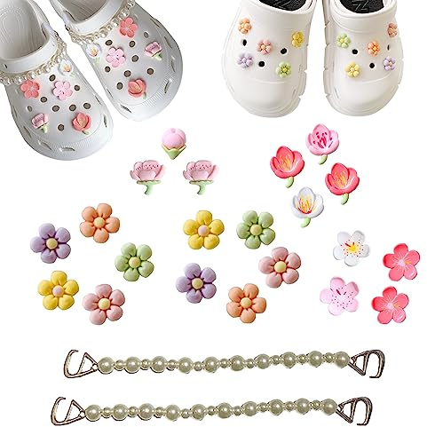 HAOXYO 23pcs Schuh Charms für Frauen,Süße Blumen Schuhschmuck Charms mit 2 Perlenkette,Freimantel DIY Reiz mit Knöpfen für Mädchen Clog Sandals Dekoration Geschenke