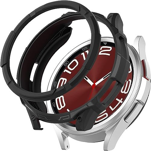 Miimall [1+1 Pack] for Samsung Galaxy Watch 6 Classic 47mm 43mm Case, [Soft Silicone Frame + Bezel Ring Loop] Shockproof Rugged Bumper Case with Adhesive Cover for Samsung Watch 6 Classic 43mm-Black