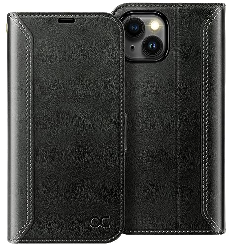 OCASE Retro Hülle für iPhone 15 Handyhülle Tasche PU Leder Flip Cover Brieftasche Etui RFID Schutzhülle Klapphülle Lederhülle Kompatibel für iPhone 15 Schwarz 6,1 Zoll