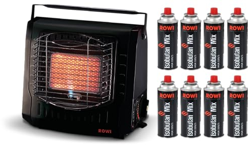 Rowi Gas-Heizstrahler tragbar HGS 2000/2 T 2000W + 8 x Rowi Gaskartusche 220g / Isobutan Kartusche im Set