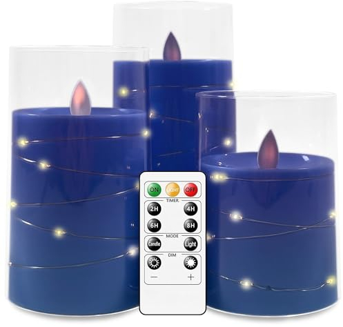 salipt LED Kerzen mit Fernbedienung Timer Funktion mit Glas Tasse, Flackernde Flammenlose, Echtwachskerze, Batteriebetrieben, LED Kerzen 3er Set 10,2/12,7/15,2 cm Hoch, Blau