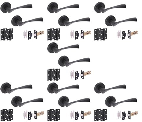 Hunta HANDLEZONE® 7 Sets Zena Internal Door Handles on Rose Lever Latch Packs with Ball Bearing Hinges - Black Matt