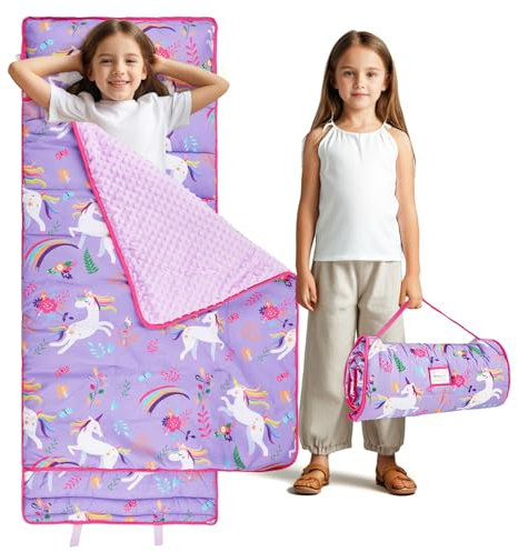 KingCheer Kleinkind-Schlafmatte mit Kissen und Decke, extra große Schlafmatten, Schlafsäcke für Jungen und Mädchen, Schlafsack für Vorschule, Kindertagesstätte, Camping, Reisen (violettes Einhorn)