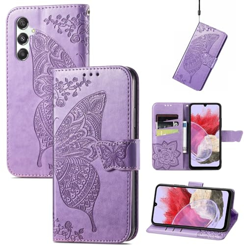 JIUNINE Cover per Samsung Galaxy M34 5G, Custodia Interno TPU Antiurto Portafoglio con Disegni di Farfalla [Carta Fessura] [Supporto Stand] Cover Libro in PU Pelle per Samsung M34 5G, Viola