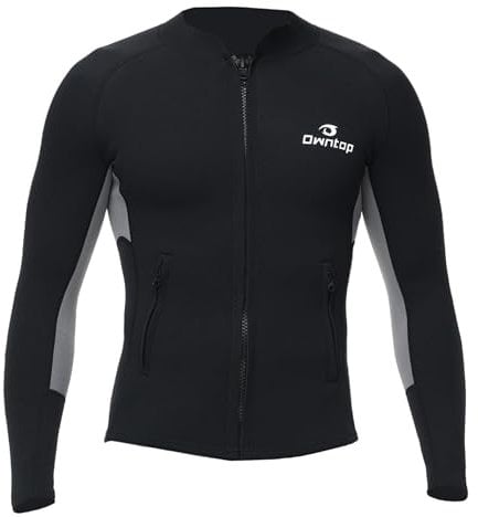 Owntop Men Wetsuit Top Jacket - 2mm Neoprene Long Sleeve for Warmth Comfort | Durable YKK Front Zipper | Extended Back Flap | 2 Zipper Pockets | Diving Surfing, Men Grey XL
