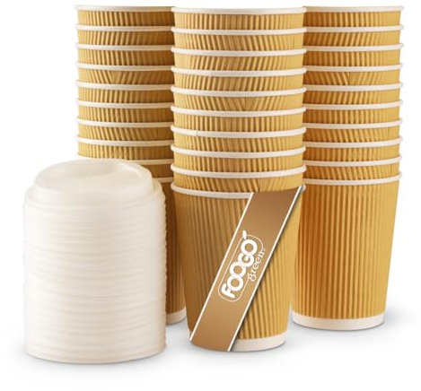 FOOGO Green 100pcs 8oz Disposable Strong Triple-Wall Brown Paper Coffee Cups with Secure Lids, FSC® Certified, Fully Compostable, for Hot Drinks, Takeaway and Parties