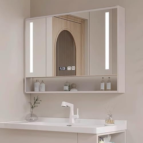 GeRRiT Salle de Bain LED 97 * 70 * 12 cm Anti-buée Miroir Intelligent Armoire de Toilette Armoire Murale à 3 Niveaux avec Horloge Lumineuse à 3 Portes (Taille : 80 cm)