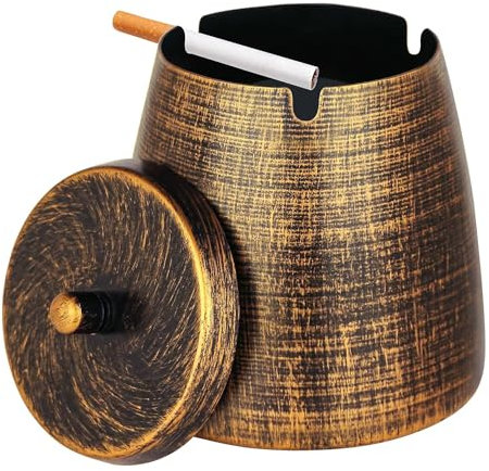 Ashtray for Cigarettes Outdoor, Outdoor Ashtray with Lid for Cigarette, Metal Odorless Windproof Smokeless AshTray for Patio Home Office Tabletop Outdoor Balcony (Gold)