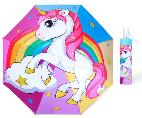 Regenschirm Kinder Mädchen mit Niedlichem Muster, Kinderschirm Reflektierend mit Schirmhülle & Auf-Zu-Automatik, Taschenschirm Winddicht Sturmfest für Jungen Leicht zu Transportieren-Buntes Einhorn