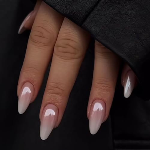 DMQ Stiletto False Nails with Glue, 24Pcs Ombre Press on Nails, Pink White Gradient Fake Nails, Pearly Glitter Ombre Nail Tips, Full Cover Stick on Nail for Women Girls Nails Art