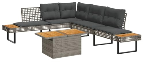 vidaXL Garten Sofa Garnitur 2-TLG., Gartenmöbel Set mit Kissen, Lounge Sitzgruppe für Garten Terrasse, Gartentisch Verstellbare Tischplatte, Grau Poly Rattan Akazie