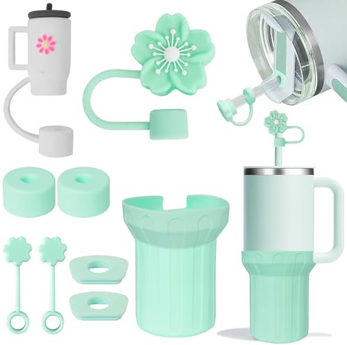 MirraSwit Accesorios para Vasos, incluye 6 Tapones de Silicona a Prueba de Fugas, 2 Tapas con Pajita, 1 Funda de Silicona para Stanley Cup(Verde)