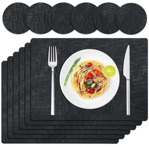 TOPAHGOD PU Leather Heat Resistant Placemats and Coasters Set of 6, Waterproof Wipeable Square Place Mats, Dual Sided Non-Slip Easy Clean Table Mats for Kitchen Table Decoration (Black)