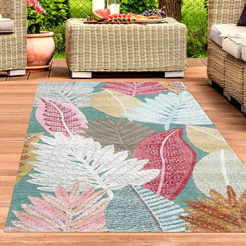 CARPETIA Outdoor Kurzflor Teppich Blumenmuster wetterfest in Sisal Optik – Balkon Terrasse Wohnzimmer pflegeleicht – Vintage Stil Rot Bunt 120 x 170 cm