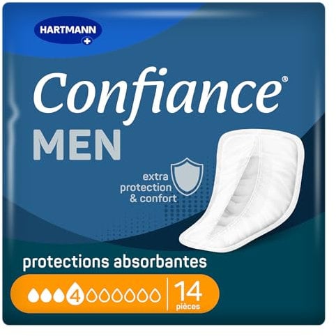 Confiance Men - Petites Protections Anatomiques Absorbantes pour Hommes - Discrètes - Niveau d'Absorption = 4 gouttes (Fuites Urinaires Moyennes) - pH Neutre à la Peau - 14 Unités