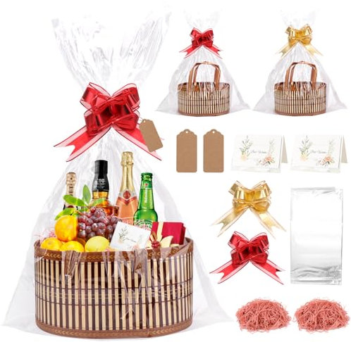 Dreamtop 2 Set Empty Hamper Baskets, Large Woven Bamboo Gift Basket Hamper Kit with Handles, Sturdy Hamper Baskets for Gifts Empty to Fill for Christmas Birthday Baby Shower Wedding Gift