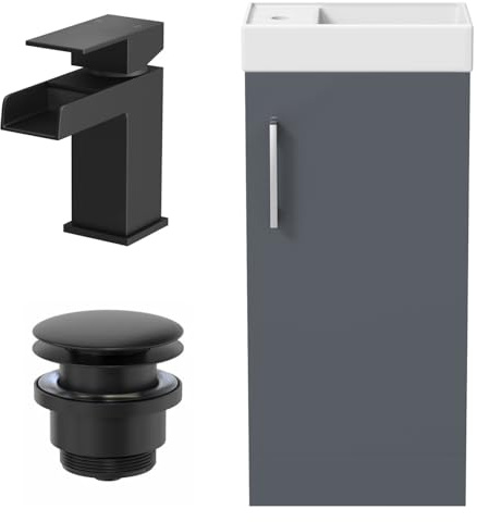 AURORA® 400mm Bathroom Vanity Unit Ceramic Wash Sink Floorstanding Storage Cabinet Reversible Soft Close Cupboard & Black Waterfall Basin Mixer Tap & Waste Set, Grey Gloss