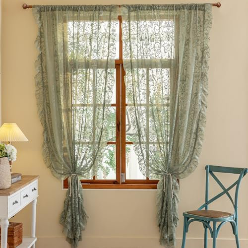 TUDECO Durchsichtige Vorhänge mit französischer Blumenspitze, halbdurchsichtig, gestrickt, gewellt, Rüschen, Privatsphäre, Frühlingsgrün, 150 x 244 cm, Salbeigrün