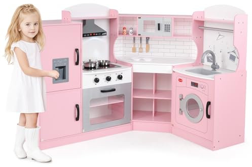Kids Corner Kitchen Playset, Wooden Play Kitchen with Washing Machine, Range Hood, Ice Maker, Microwave, Oven, Sink, Little Chef Pretend Cooking Toy Set for Toddler (Pink)