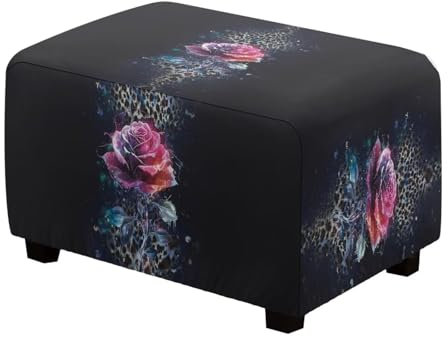 Xoenoiee Ottomanen-Bezug mit roten Rosen, Leopardenmuster, rechteckig, dehnbar, rutschfest, Fußstütze, Hocker, Schonbezug, abnehmbar zur Aufbewahrung, Ottomane, groß