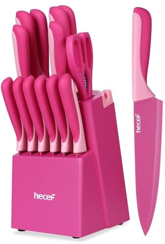 hecef 15-Piece Kitchen Knife Set with Self-Sharpening Wooden Block – High Carbon Stainless Steel, Bubblegum Pink Non-Stick Coating Blade, Includes Steak Knives & Scissors