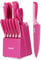 hecef 15-Piece Kitchen Knife Set with Self-Sharpening Wooden Block – High Carbon Stainless Steel, Bubblegum Pink Non-Stick Coating Blade, Includes Steak Knives & Scissors