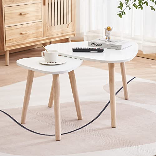 OHMG Lot de 2 Tables Basses gigognes Gaia laquées Blanc scandinave,Tables d'appoint gigognes Ellipse en Plateau MDF,Table de Salon Moderne Minimaliste Blanc