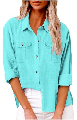 AMhomely Womens Tops Dressy Casual Fall Long Sleeve Oversized Blouses Cotton Linen Shirts with Breasted Pocket Solid Baggy Tshirts Button Pullover Blouses Going Out D02 Mint Green XXL