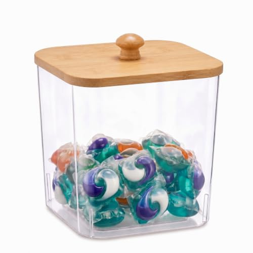 Gzsekken Large Clear Laundry Pods Storage Container with Wooden Lid and Handle,Washing Powder Storage Container for Laundry Room Storage and Bathroom Organisation