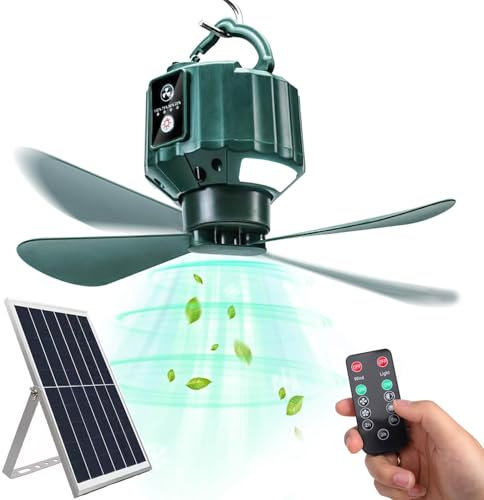 Ventilador con Gancho Regulable Luces de Plafon con Panel Solar y Mando a Distáncia 10400 mAh Batería Portátil Solar Ventilador de Techo con Luz para Patios, Cenadores, Parasol, Camping y Jardín