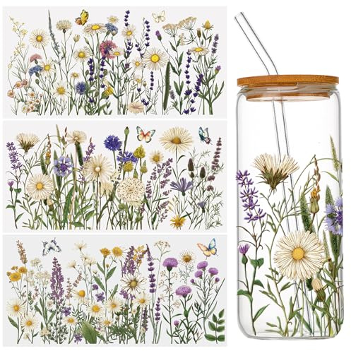 WANDIC 3 Sheets UV DTF Rub on Transfer Stickers, Horizontal Wildflower 3D Cup Warp Waterproof Decals for Glass Bottle Furniture Crafts,15 * 30cm