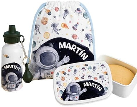 Pack Escolar Infantil Personalizado 3 Piezas – Mochila, Fiambrera y Botella de Aluminio. Vuelta al Cole, Excursiones y Regalo Original para Niños y Niñas. Kit Escolar Completo. (Astronauta)